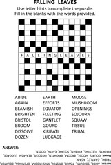 Easy and engaging crossword puzzle game for autumn season evenings or coffee breakes. General knowledge, family friendly content, quick style. Letter hints.  Answer included.
