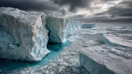 A vast Antarctic glacier with a massive, geometric blue void in the ice, under a troubled, melancholic sky.