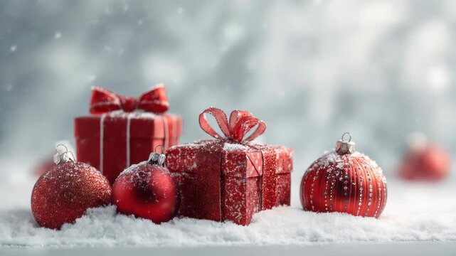 A festive arrangement of red ornaments and gift boxes on a bed of snow, with a soft, snowy background