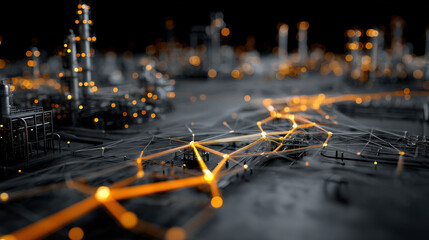 Glowing energy network pipeline industry refinery city grid night technology connection infrastructure power lines flow dynamic mood