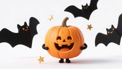 A cheerful carved pumpkin with arms and legs surrounded by black bats and stars on a white background