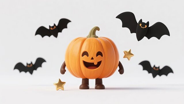 A cheerful cartoon pumpkin with arms and legs stands surrounded by flying bats and golden stars against a white background.