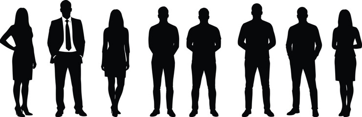 Silhouette group of business professionals standing together, office colleagues, teamwork, leadership, corporate cooperation, partnership, unity, career 