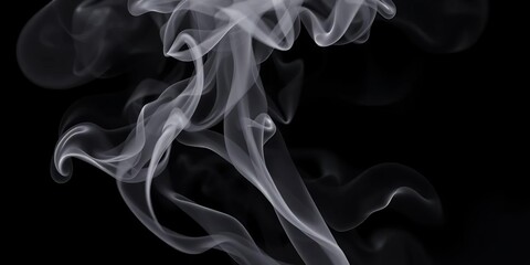 Wispy tendrils of grey smoke curl and dissipate against a stark black background, vapor, contrast