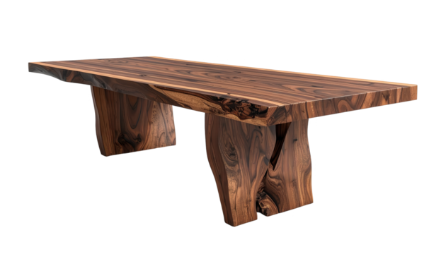 Wooden dining table constructed from natural wood, showcasing a live edge design with contrasting grain patterns and warm brown tones, illuminated against a stark black background.