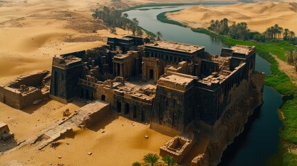 Aerial view of ancient ruined temple complex nestled in desert alongside river