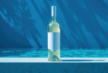 Sleek Wine Bottle on a Cobalt Pool Edge  Simple Blank Label, Tropical Escape, Perfect for Product Presentation and Promotion