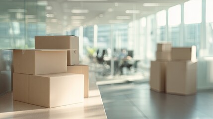 Cardboard boxes stacked on a table,  office interior blurred background