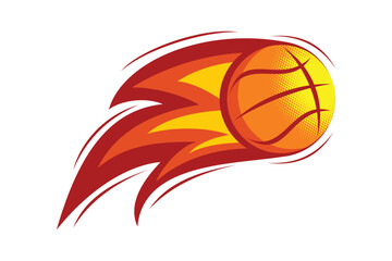 Vector illustration of a basketball with flaming tail and halftone shading, symbolizing speed, motion, and energy in sport.
