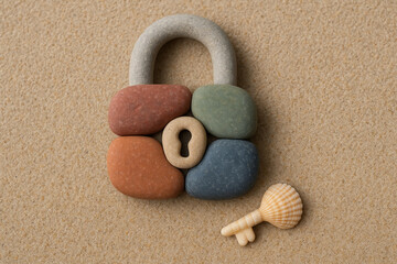 Colorful padlock made of smooth stones rests on sandy surface, accompanied by small seashell shaped key. scene evokes sense of tranquility and creativity