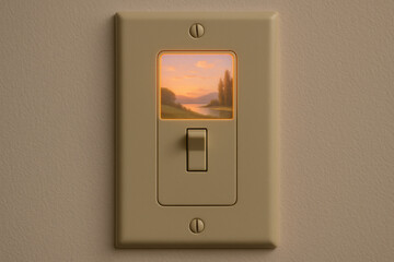 Decorative light switch featuring serene landscape scene illuminated through small window. switch is mounted on beige wall, adding touch of warmth and tranquility to space