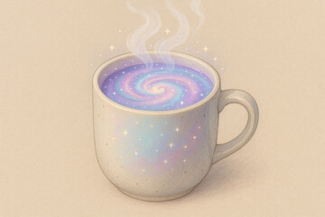 Whimsical cup filled with swirling galaxy colors, emitting soft steam and sparkling stars, evokes sense of magic and wonder. This enchanting scene invites imagination and creativity