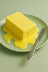 Melting butter on plate creates vibrant and appetizing scene, showcasing rich yellow color and smooth texture. butter appears to ooze, adding sense of indulgence and warmth