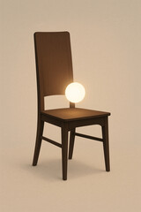 Wooden chair with minimalist design features glowing orb positioned on its seat, creating warm and inviting atmosphere. soft illumination enhances simplicity and elegance of chair