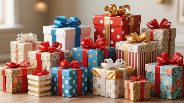 Colorful wrapped gift boxes with ribbons and bows arranged on a wooden surface
