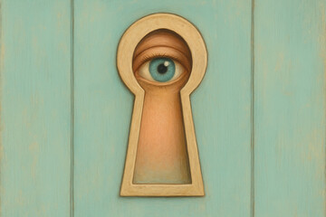 Unique perception of eye viewed through keyhole, showcasing blend of curiosity and intrigue. artwork features soft colors and whimsical design