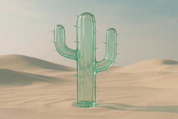Glass cactus stands prominently in sandy landscape, showcasing its unique design and transparent texture. scene evokes sense of calm and creativity