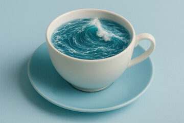 Whimsical teacup filled with swirling ocean waves creates captivating visual. contrast between delicate cup and powerful water evokes sense of wonder and imagination