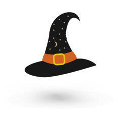 Halloween hat isolated on white background black witch hat with stars and moon vector