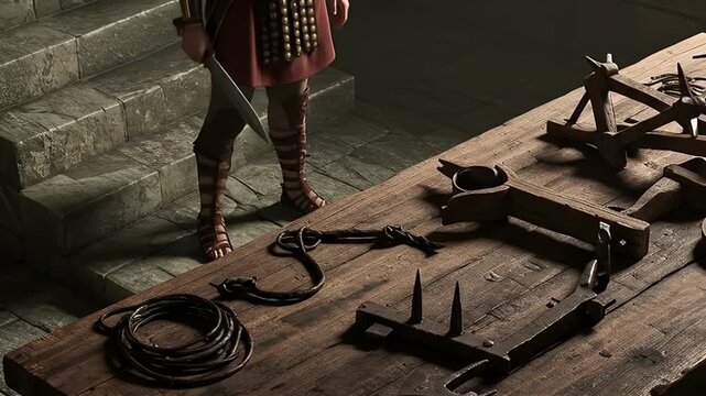 Ancient Roman Torture Devices Laid Out on Wooden Table.