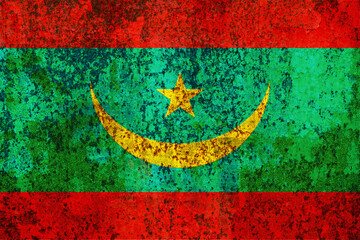 This is a textured, aged depiction of the flag of Mauritania with vibrant red, green, and yellow...