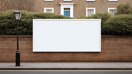 Fototapeta premium Blank white billboard on a brick wall with a street lamp for outdoor advertising mockup