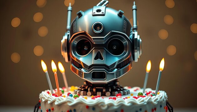 Futuristic robot birthday cake with metallic decorations and lights, graphic, celebration