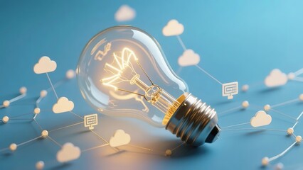 Illuminated light bulb connected to digital network with cloud and device icons on blue background