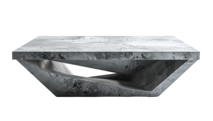 Constructed in concrete, a modern, rectangular table showcases an innovative geometric design with a distinct structural form, appearing solid and heavy against a stark, deep black background.