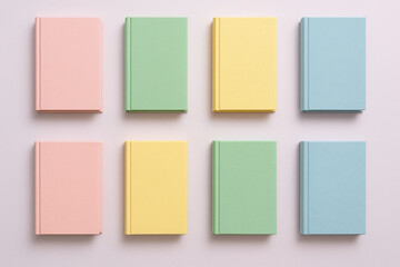 Pastel book arrangement featuring eight colorful books in pink, green, yellow, and blue. This simple composition creates cheerful and inviting atmosphere, perfect for any creative space