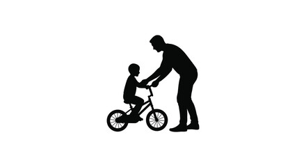 Fototapeta premium Father helping son learn to ride a bicycle silhouette