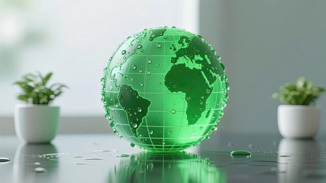 Transparent green globe with water droplets on a reflective surface, flanked by potted plants