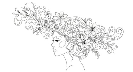 Elegant floral woman portrait, artistic line art illustration, detailed flower crown and whimsical