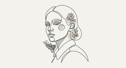 Elegant minimalist line art portrait of a woman with floral details conveys beauty and simplicity