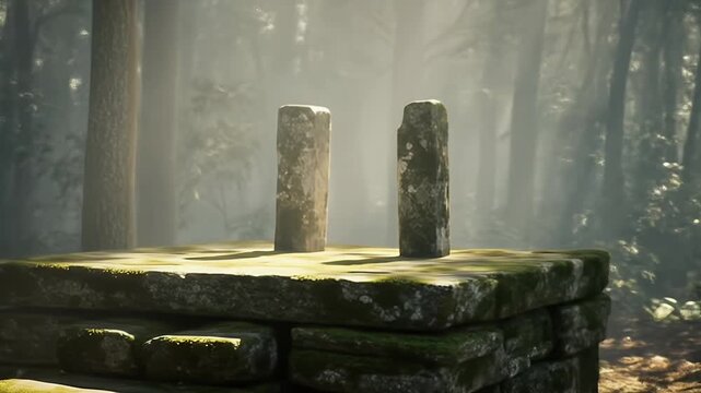 Ancient Stone Pillars in a Sunlit Forest Clearing.