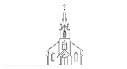 Single continuous line drawing of a vintage church building structure isolated on white background