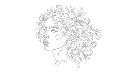 Elegant Woman's Profile with Floral Adornments in a Minimalist Line Art Style Illustration