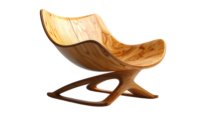 Elegant, sculptural wooden chair showcases modern design, featuring smooth curves and a unique, organic form.