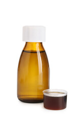 Bottle and measuring cup of cough syrup on white background