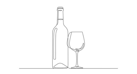 Elegant single line drawing of wine bottle and glass for minimalist design projects