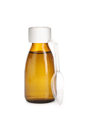 Bottle of cough syrup and measuring spoon on white background