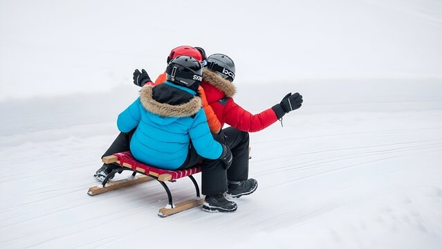 Three people bundled in winter coats ride a wooden sled across a snowy expanse.