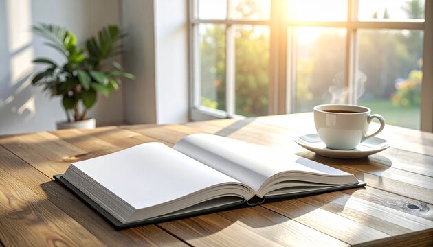 Morning Inspiration Coffee, Book, and Sunlight on Wooden Table