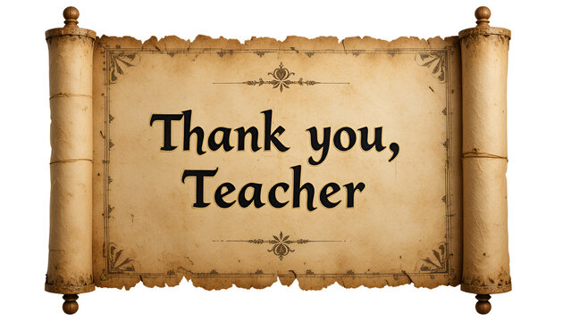 A decorative vintage scroll with thank you, teacher elegantly inscribed, featuring ornate borders, isolated on white background