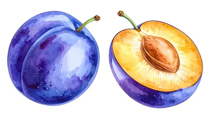 Watercolor illustration of vibrant plums, whole and sliced, on white backdrop