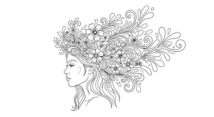 Elegant woman's profile with floral headdress intricately drawn minimalist line art style