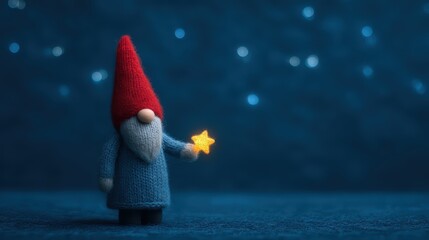 A whimsical gnome wearing a red hat holds a glowing star, set against a soft blue background with shimmering lights.
