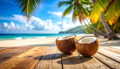 Obraz premium Coconut on Wooden Table by Beach