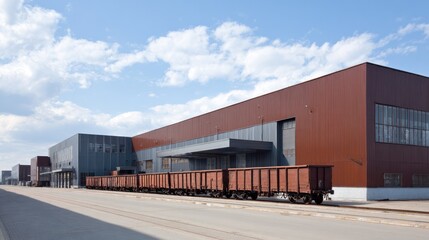 Industrial Warehouse with Freight Train Cars in Urban Setting