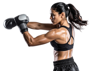 Latina Female Boxer in Side View Throwing Right Jab, Isolated on Transparent Background